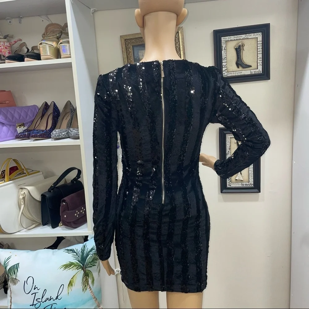 Xtaren NWT! Black Velvet Sequin Striped Chain Long Sleeve Stretchy Mini Dress - Picture 7 of 14
